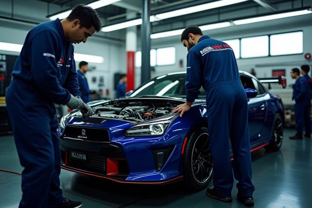 整備された工場でカスタムカーをチューニングする熟練の技術者たち