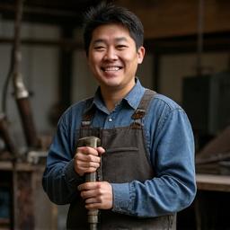 Kaisen Driftのリードファブリケーターである田中翼が溶接トーチを持って笑顔でポーズをとる