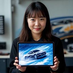 Kaisen Driftのラップ＆デザインスペシャリストである佐藤美香がラップデザインのタブレットを持って笑顔でポーズをとる